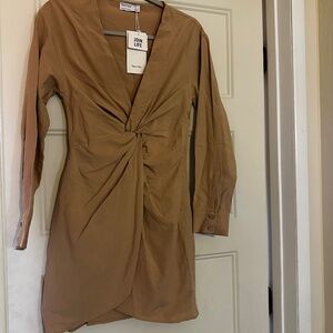 Bershka twist front shirt dress beige